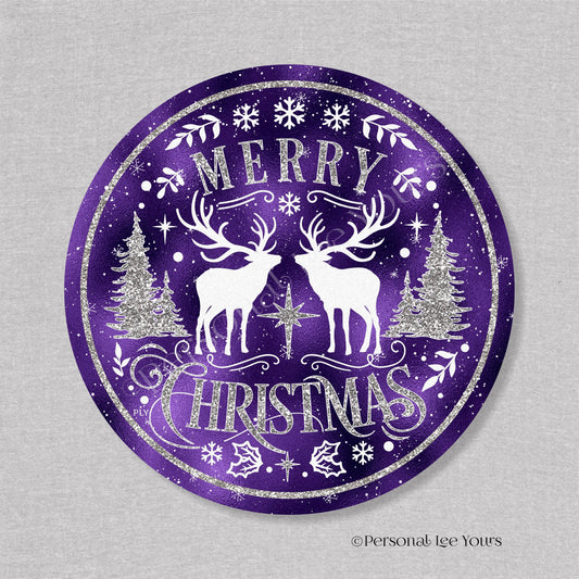 Holiday Wreath Sign * Merry Christmas Reindeers * Purple * Round * Lightweight Metal
