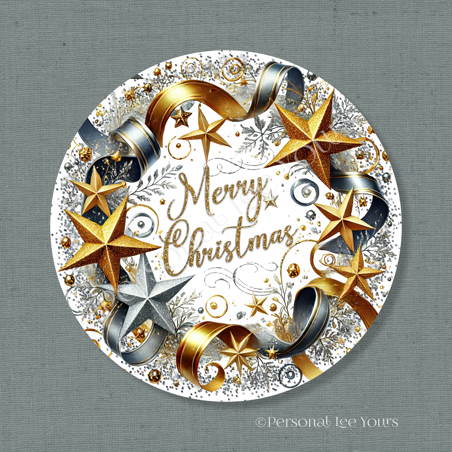 Holiday Wreath Sign * Merry Christmas Silver And Gold Stars * Round * Lightweight Metal