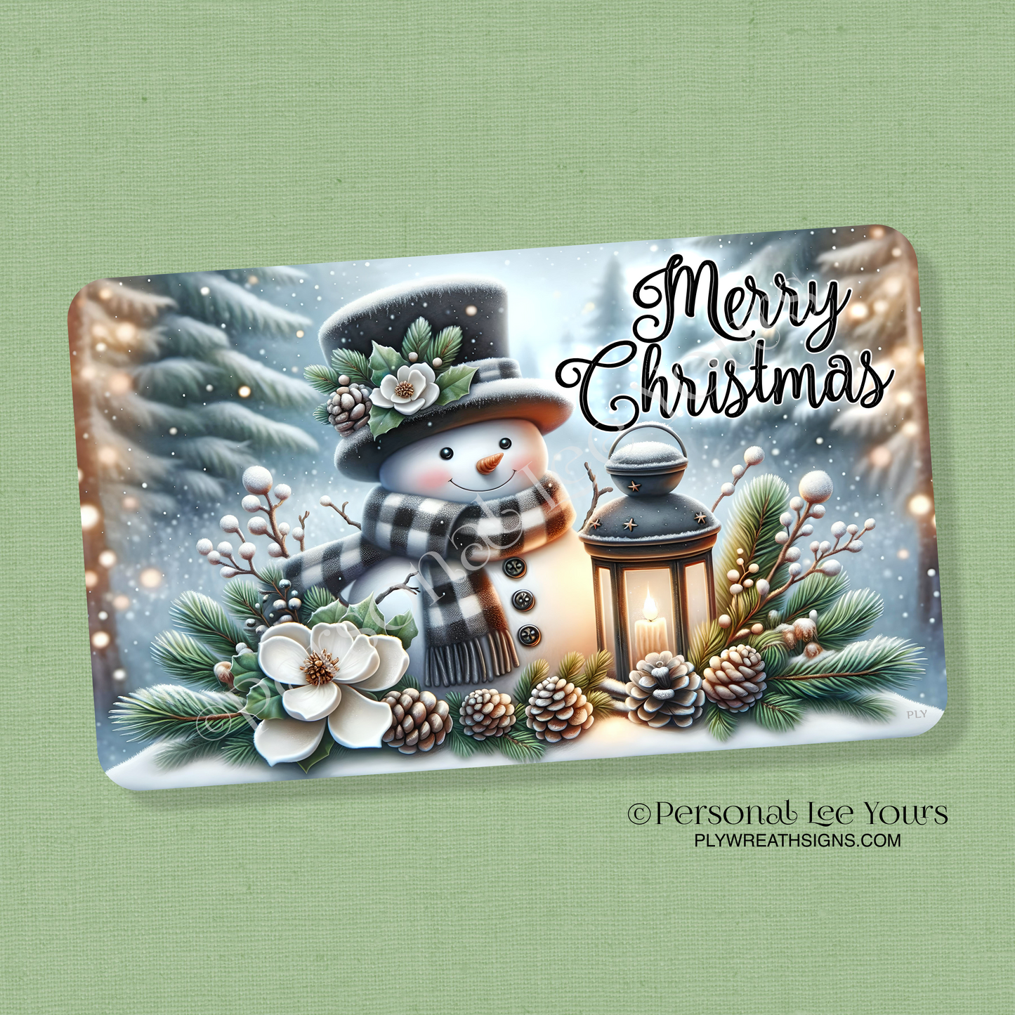 Wreath Sign * Merry Christmas Snowman with Lantern * Horizontal *  3 Sizes * Lightweight Metal