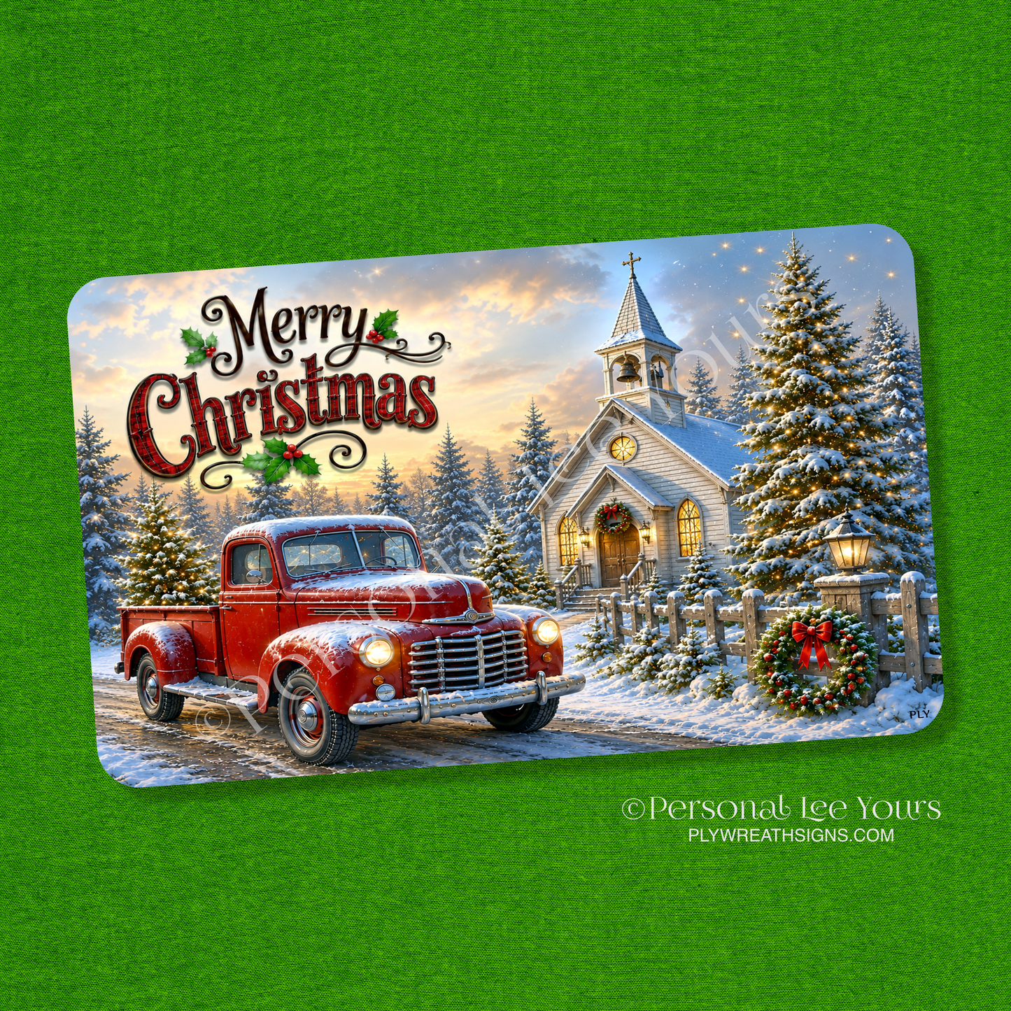 Wreath Sign * Merry Christmas Truck By Church * Horizontal *  3 Sizes * Lightweight Metal