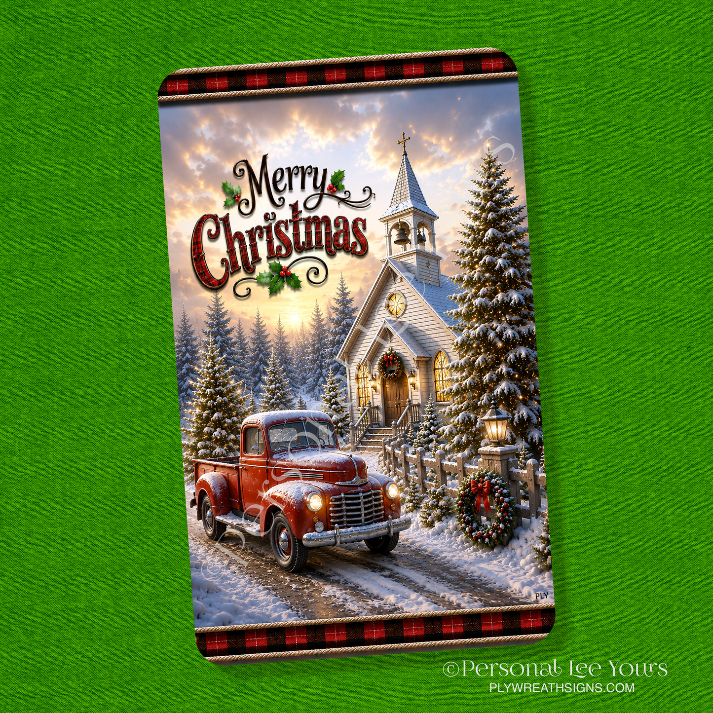 Wreath Sign * Merry Christmas Truck by Church * Vertical *  3 Sizes * Lightweight Metal