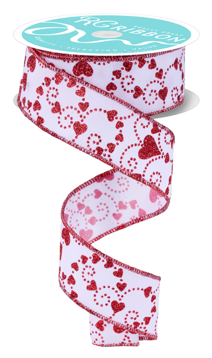 Wired Ribbon * Valentine Mini Swirl Hearts * White/Red * 1.5" x 10 Yards * Canvas * RGF175027