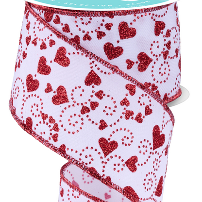 Wired Ribbon * Valentine Mini Swirl Hearts * White/Red Canvas * 2.5" x 10 Yards * RGF175127