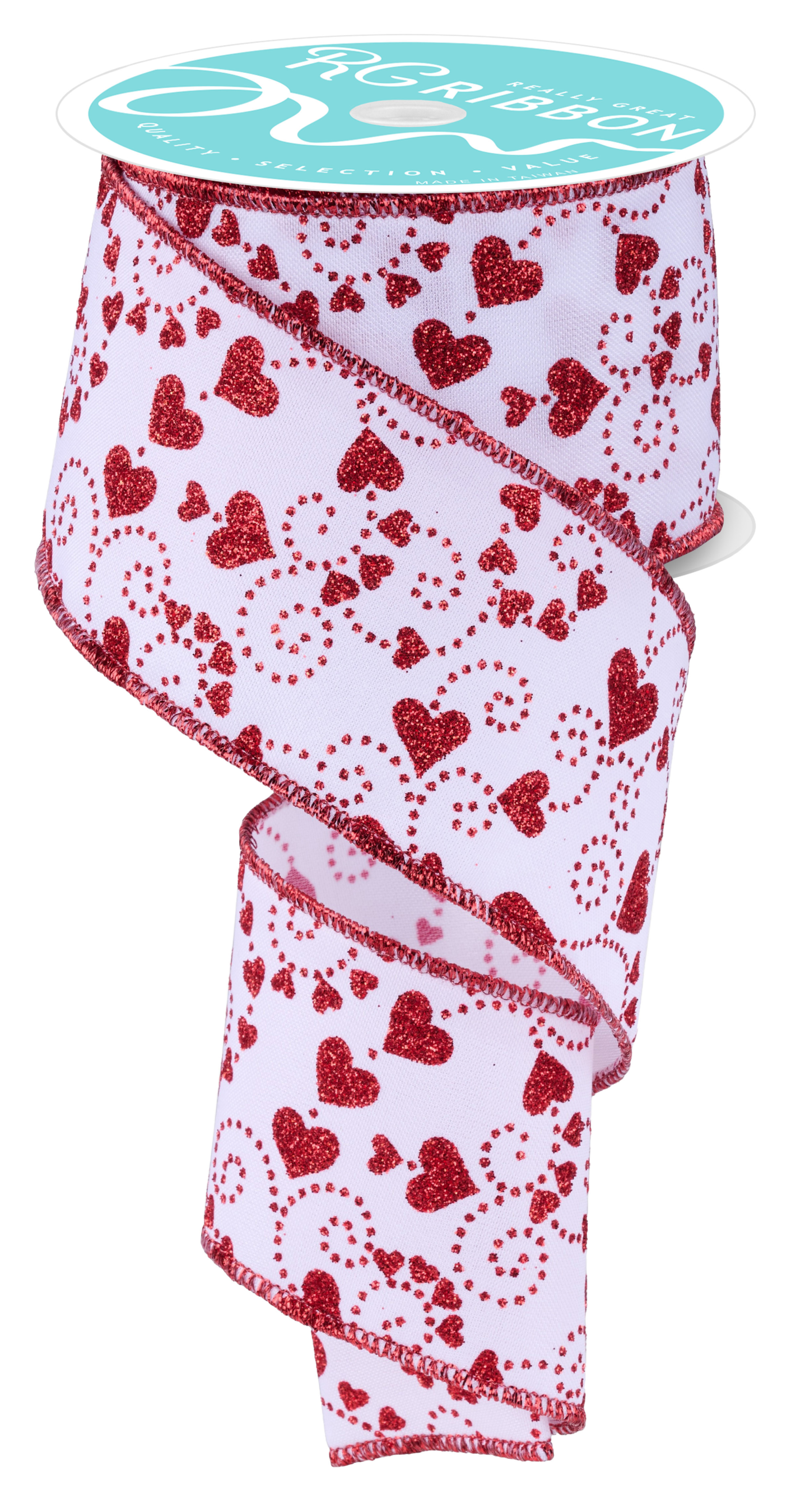 Wired Ribbon * Valentine Mini Swirl Hearts * White/Red Canvas * 2.5" x 10 Yards * RGF175127