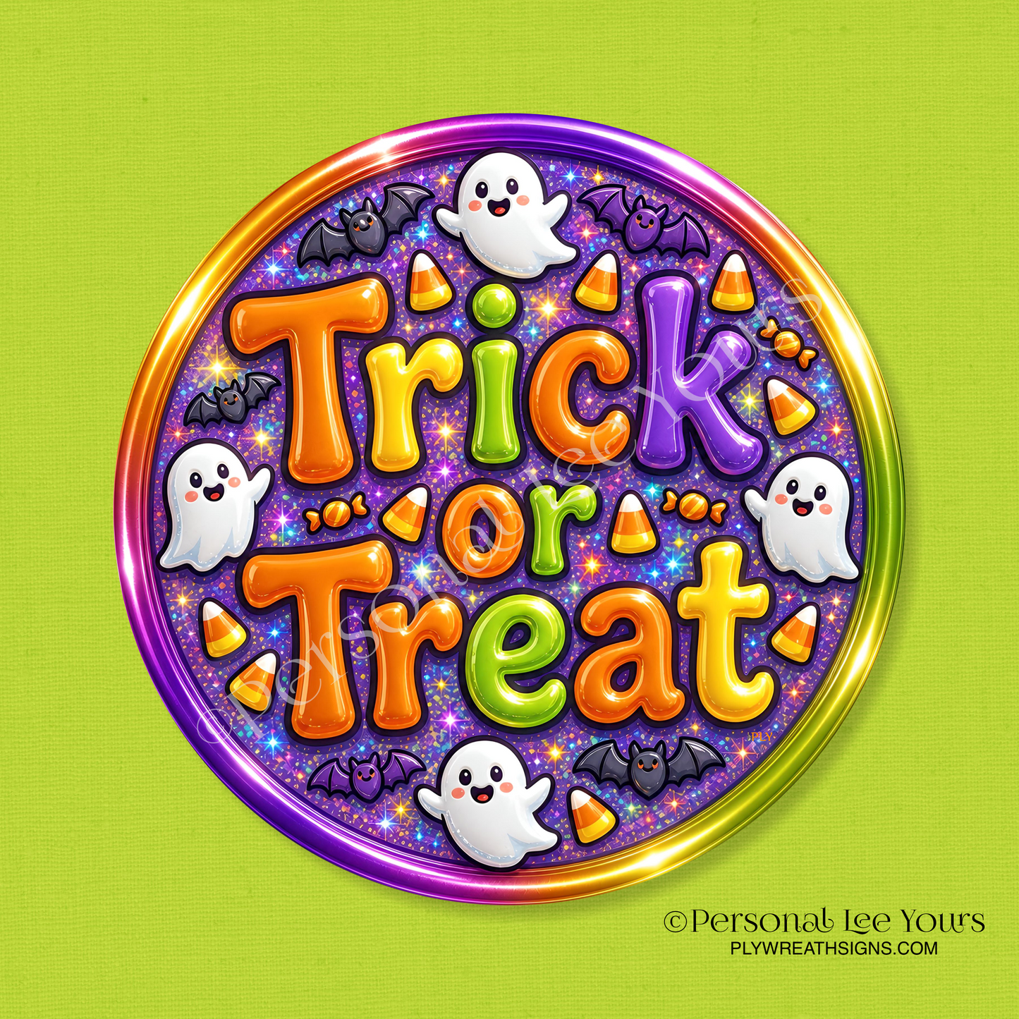 Wreath Sign * Neon Trick or Treat  * Round * Lightweight Metal