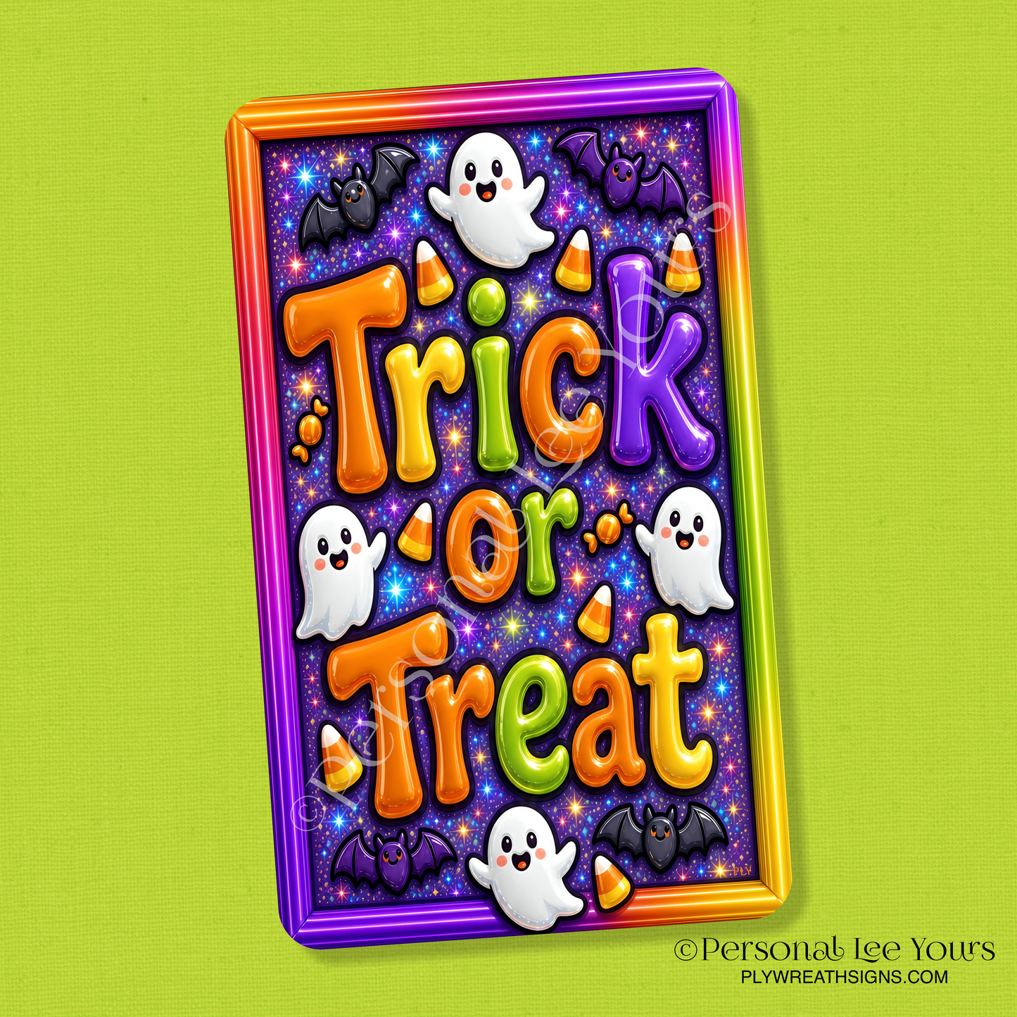 Wreath Sign * Neon Trick or Treat * Vertical *  3 Sizes * Lightweight Metal