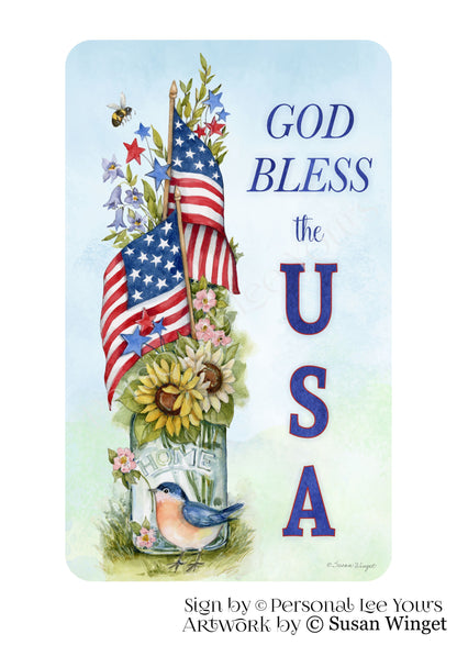 Susan Winget Exclusive Sign * Patriotic Mason Jar * God Bless The USA * Vertical * 4 Sizes * Lightweight Metal