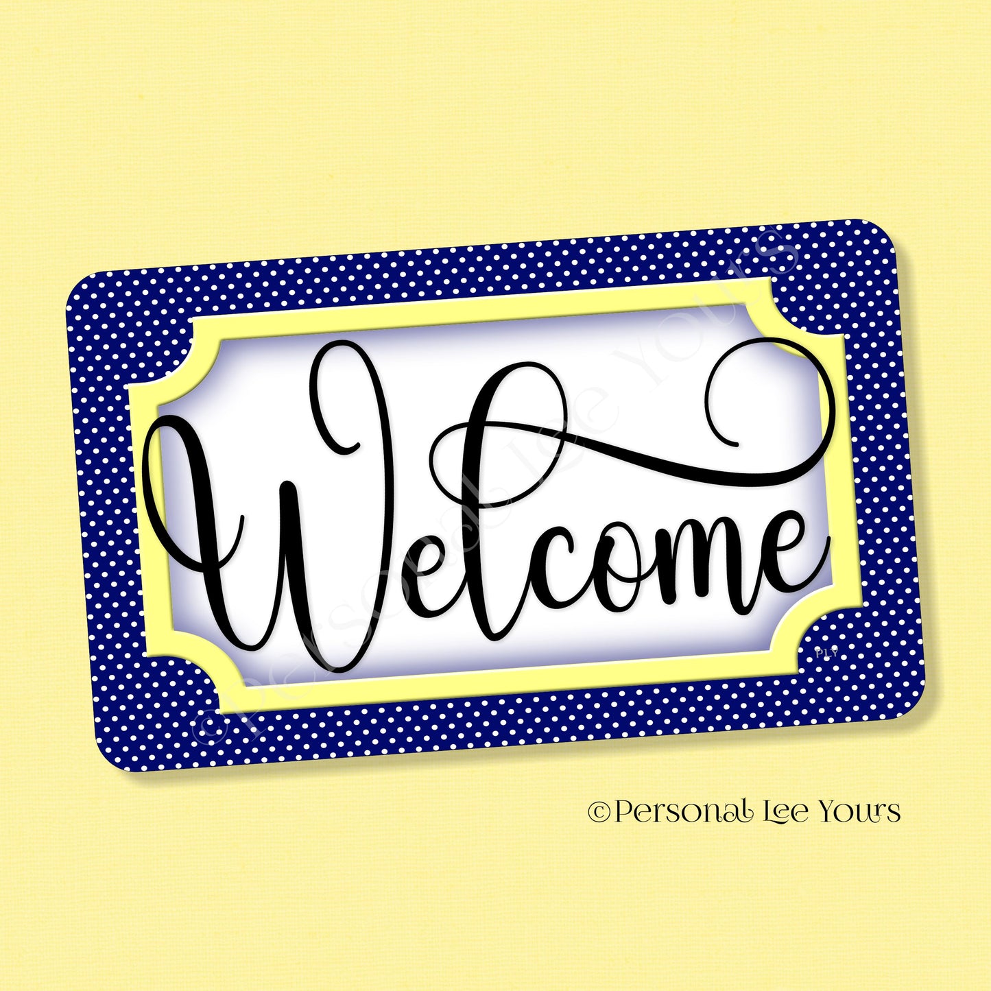 Simple Welcome Wreath Sign * Polka Dot, Navy and Yellow * Horizontal * Lightweight Metal