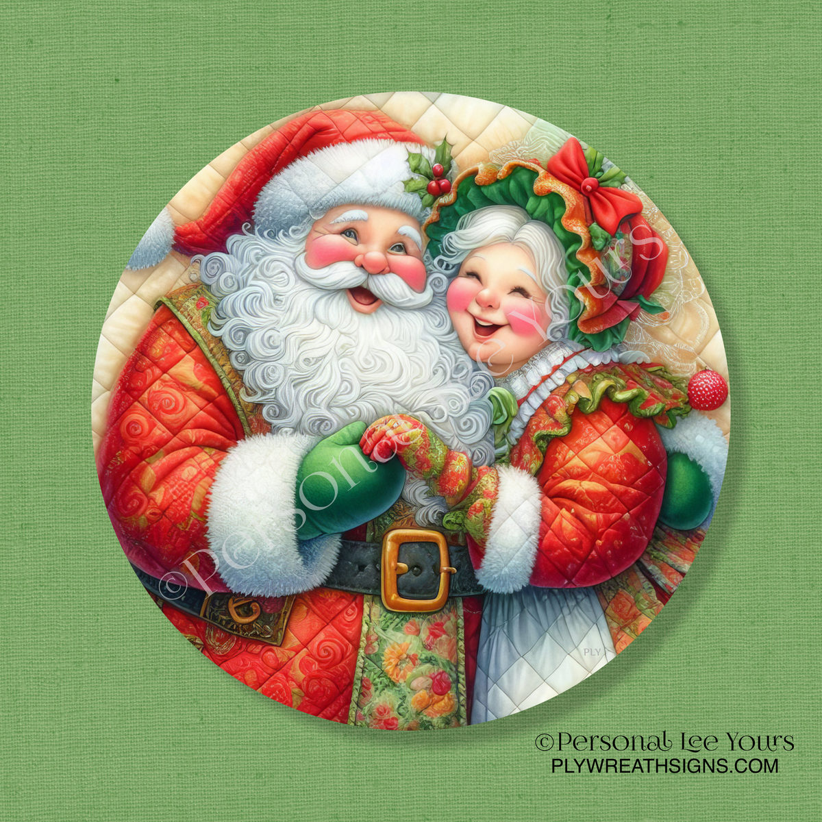 Wreath Sign * Quilted Santa and Mrs. Claus * Round * Lightweight Metal