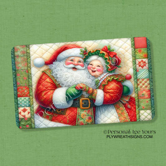 Wreath Sign * Quilted Santa and Mrs. Claus * Horizontal *  3 Sizes * Lightweight Metal
