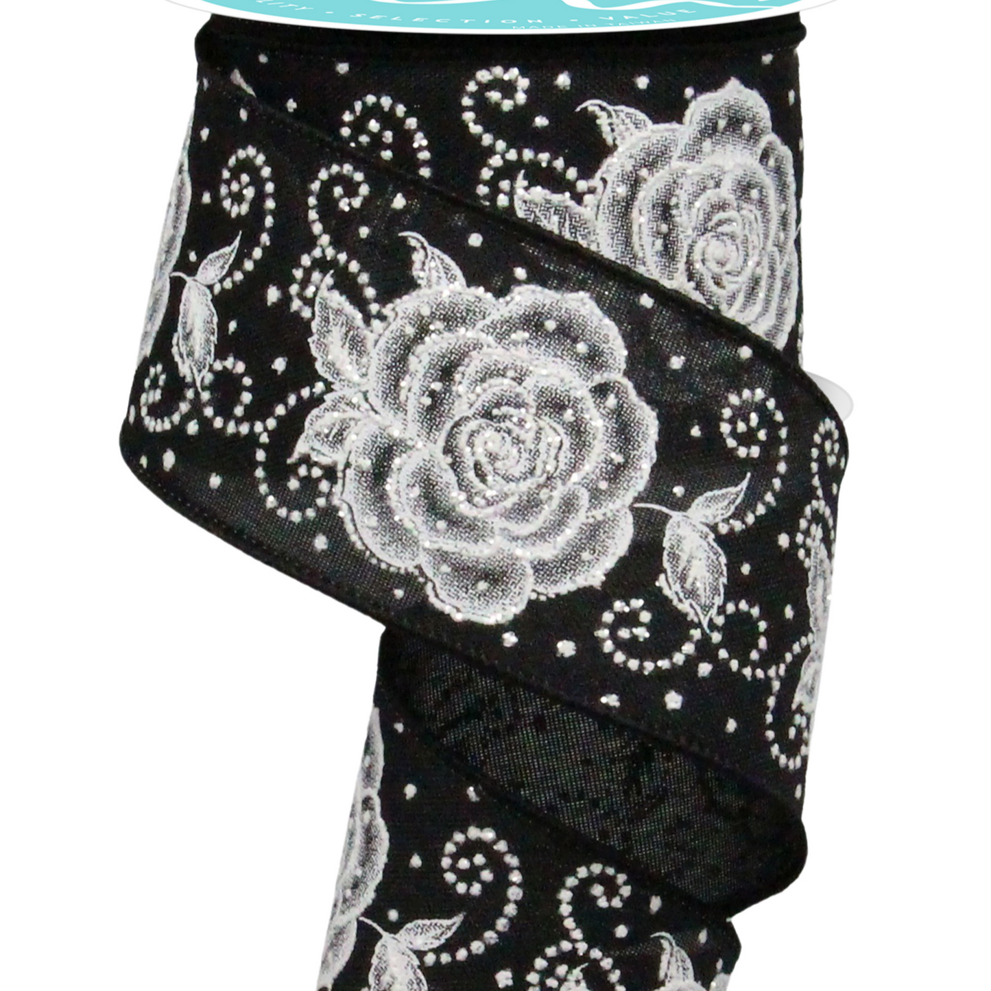 Wired Ribbon * Raised Roses * Black/White * 2.5" x 10 Yards Canvas * RGF160502