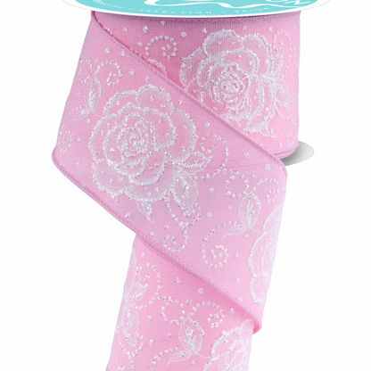 Wired Ribbon * Raised Roses * Pink/White * 2.5" x 10 Yards Canvas * RGF160515