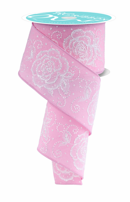 Wired Ribbon * Raised Roses * Pink/White * 2.5" x 10 Yards Canvas * RGF160515