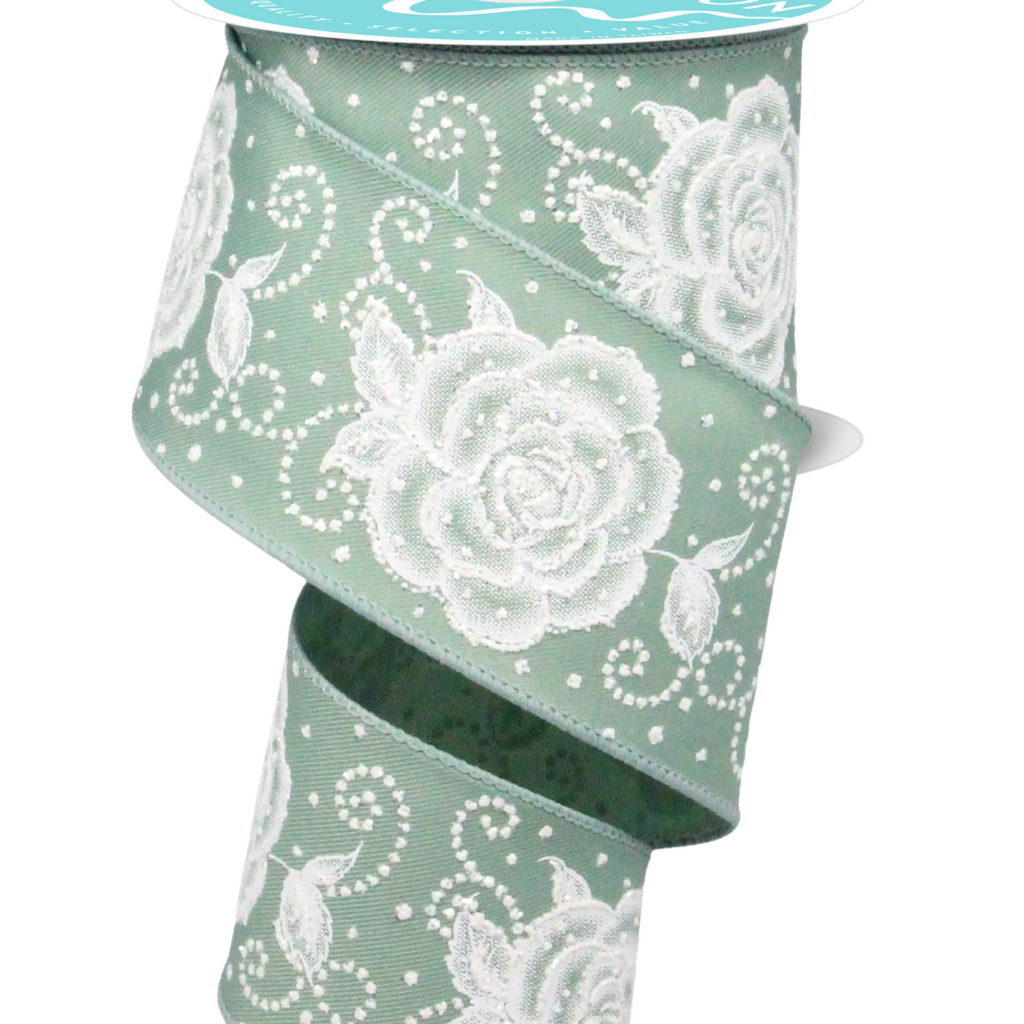 Wired Ribbon * Raised Roses * Sage/White * 2.5" x 10 Yards Canvas * RGF1607H2