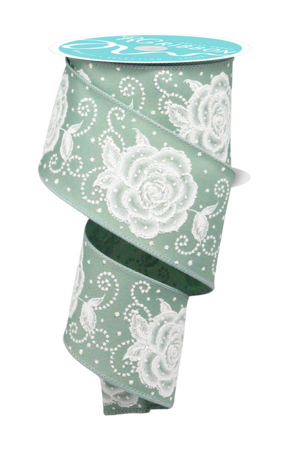 Wired Ribbon * Raised Roses * Sage/White * 2.5" x 10 Yards Canvas * RGF1607H2