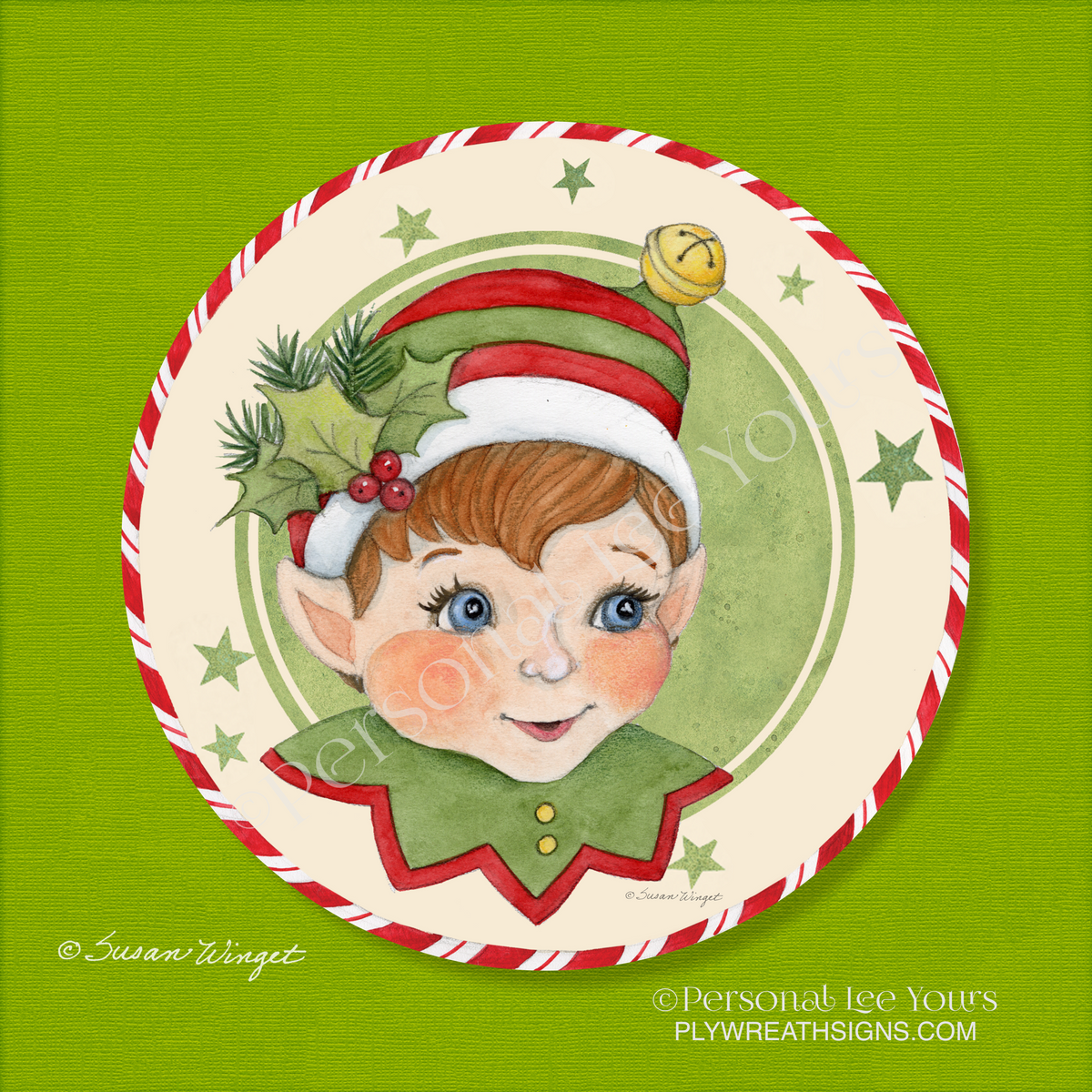 Susan Winget Exclusive Sign * Retro Elf * Round * Lightweight Metal