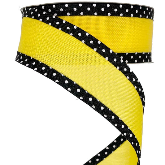 Wired Ribbon * Solid with Swiss Dot Edge * Yellow, White and Black Canvas * 1.5" x 10 Yards * RGC812129