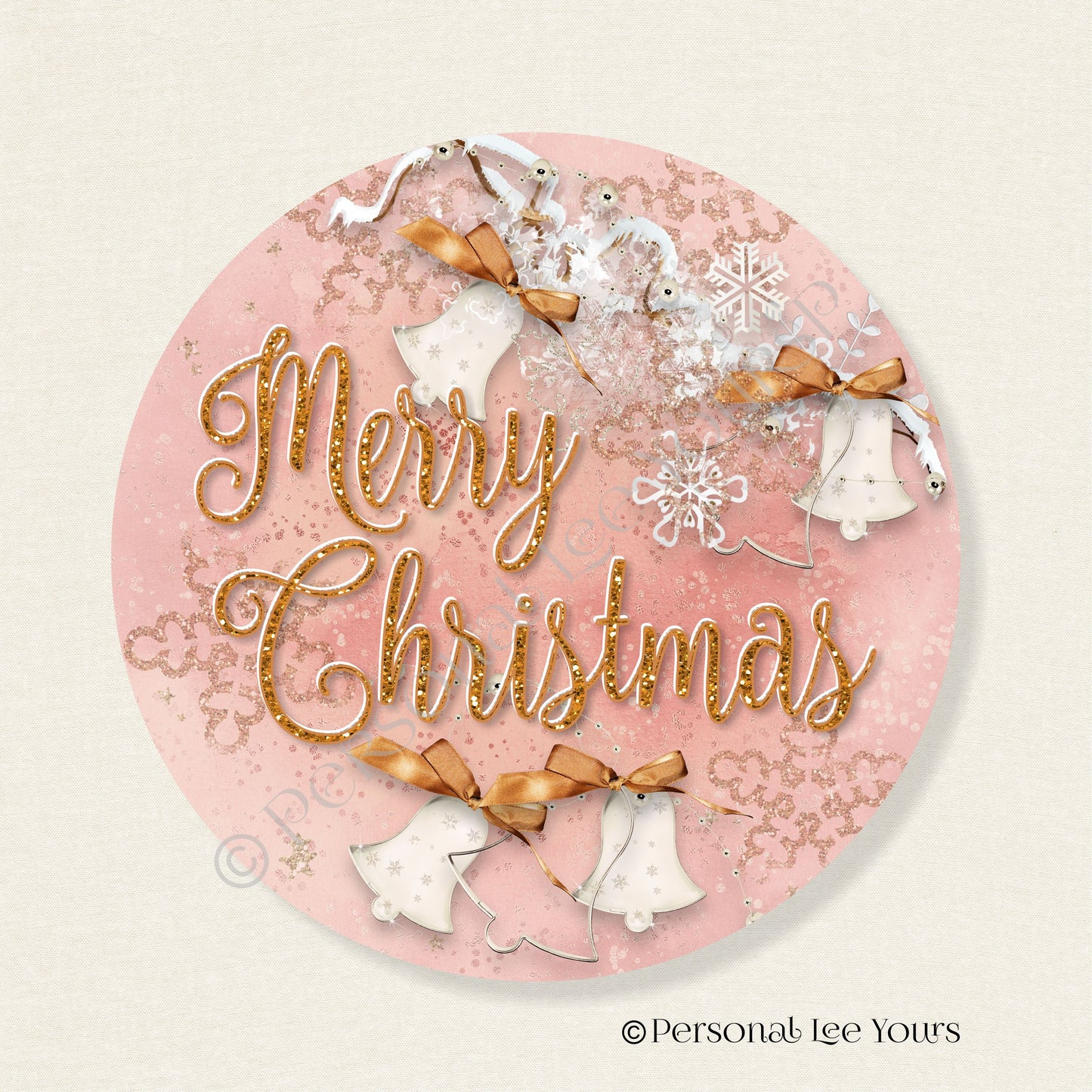 Holiday Wreath Sign * Rose Gold Merry Christmas * Round * Lightweight Metal