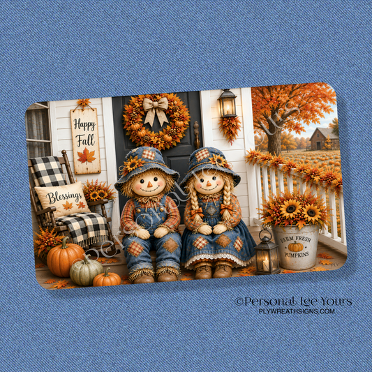 Wreath Sign * Scarecrow Couple * Horizontal *  3 Sizes * Lightweight Metal