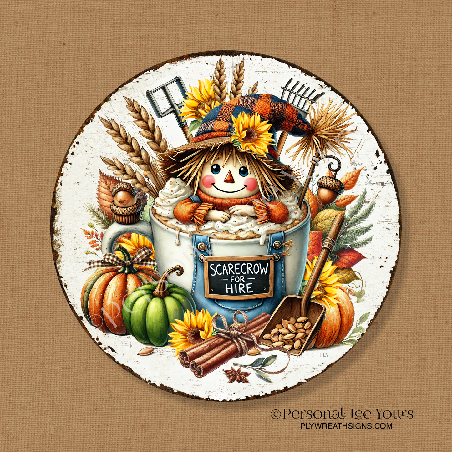 Wreath Sign * Scarecrow For Hire * Round * Lightweight Metal