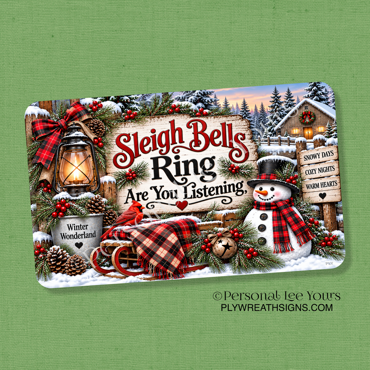 Holiday Wreath Sign * Sleigh Bells Ring * Horizontal *  3 Sizes * Lightweight Metal