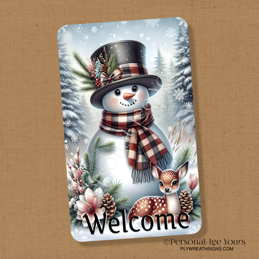 Winter Wreath Sign * Snowman and Fawn Welcome * Vertical * 3 Sizes * Lightweight Metal
