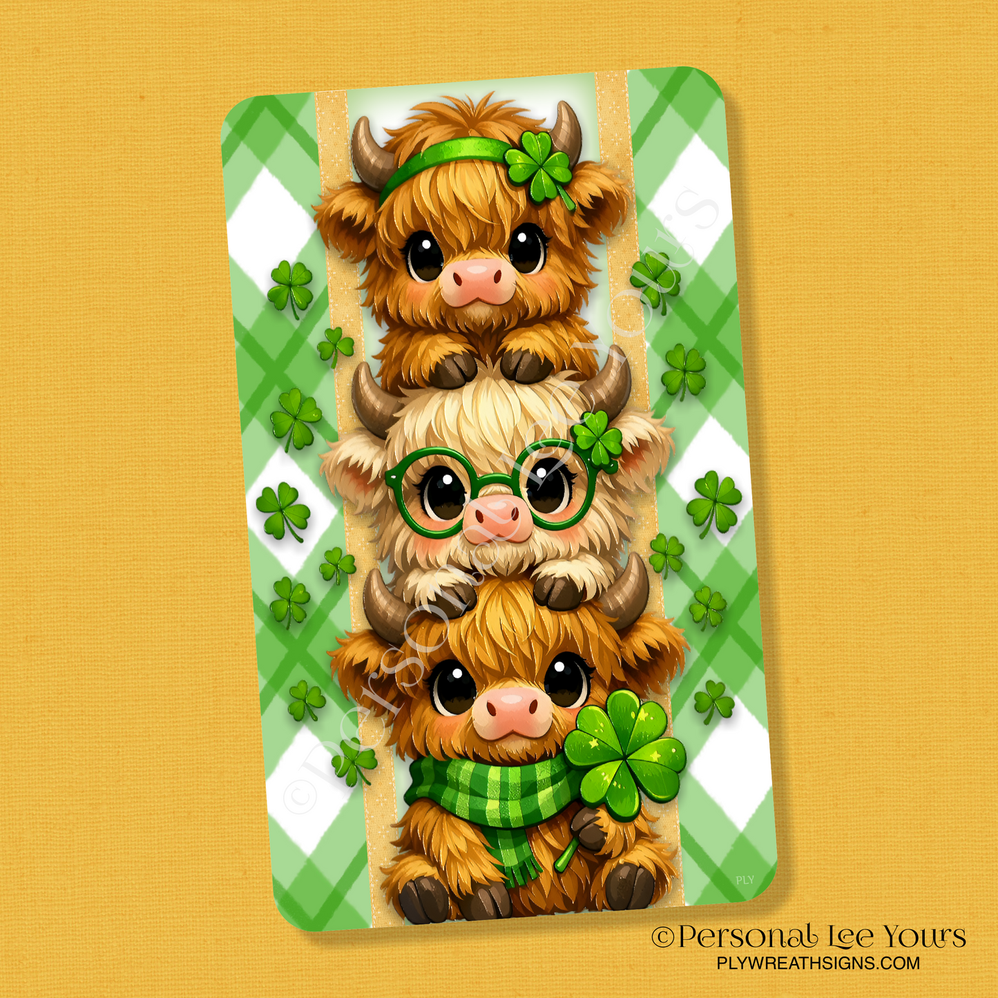 Wreath Sign * St. Patrick's Day * Stacked Highland Cows * Lightweight Metal  * 3 Sizes  * Vertical