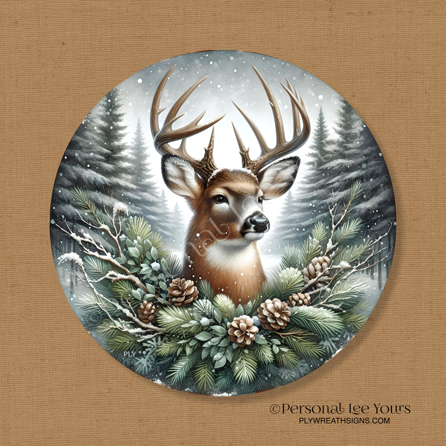 Winter Wreath Sign * Stately Winter Buck * Round * Lightweight Metal