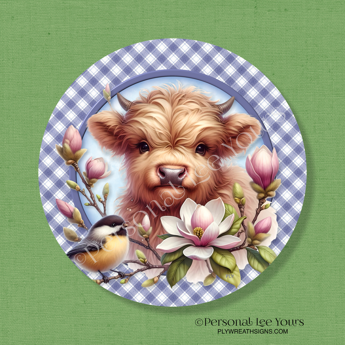 Wreath Sign * Sweet Little Highland Cow * Round * Lightweight Metal