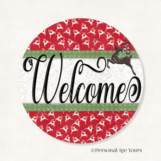 Simple Welcome Wreath Sign * Reindeers * Round * Lightweight Metal