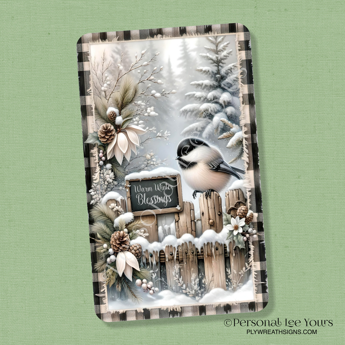 Wreath Sign * Warm Winter Blessings Chickadee * Vertical * 3 Sizes * Lightweight Metal