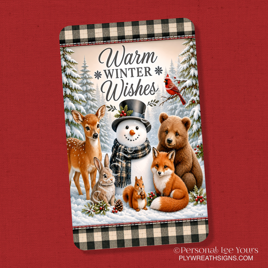 Wreath Sign * Warm Winter Wishes in the Forest * Vertical *  3 Sizes * Lightweight Metal