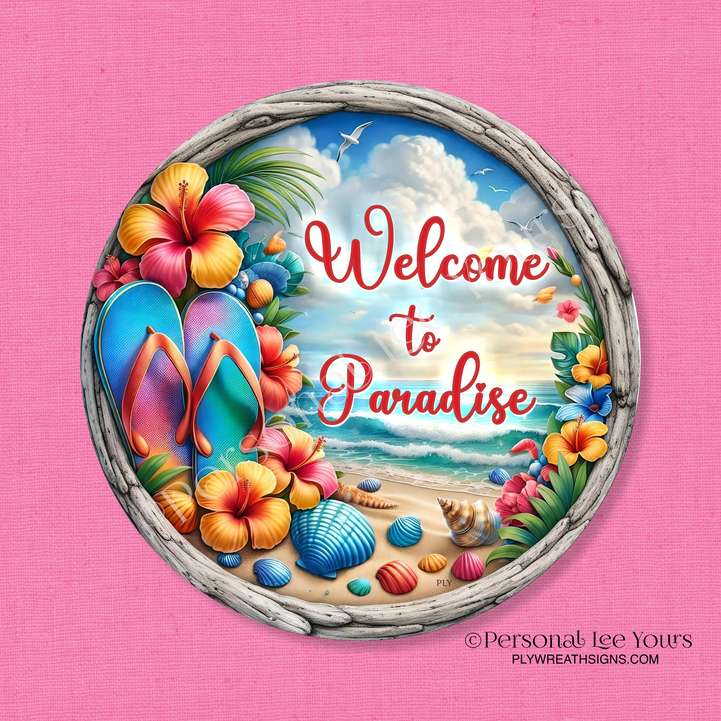Wreath Sign * Welcome To Paradise * Round * Lightweight Metal