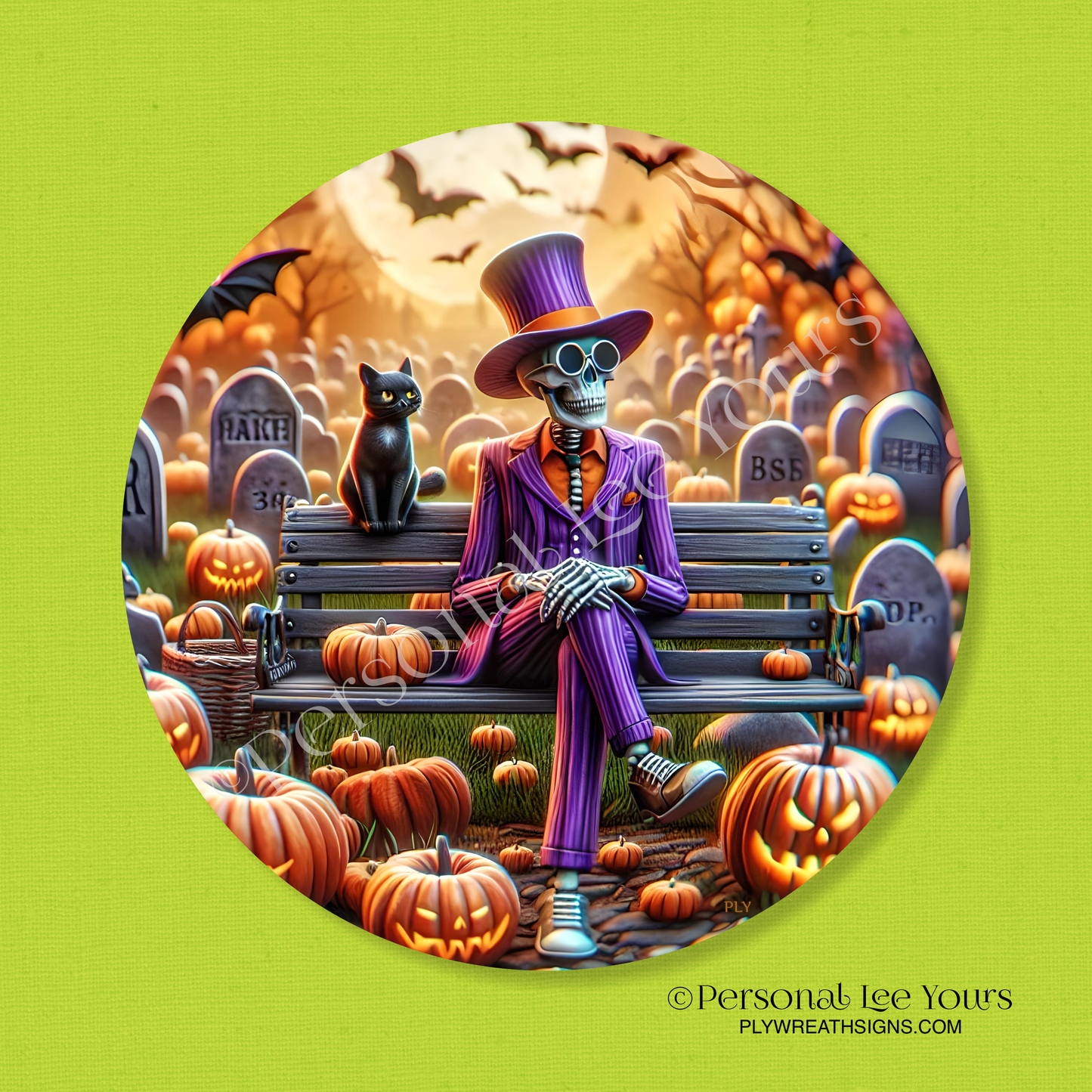 Wreath Sign * Halloween, Well Dressed Skeleton 2 * Round * Lightweight Metal