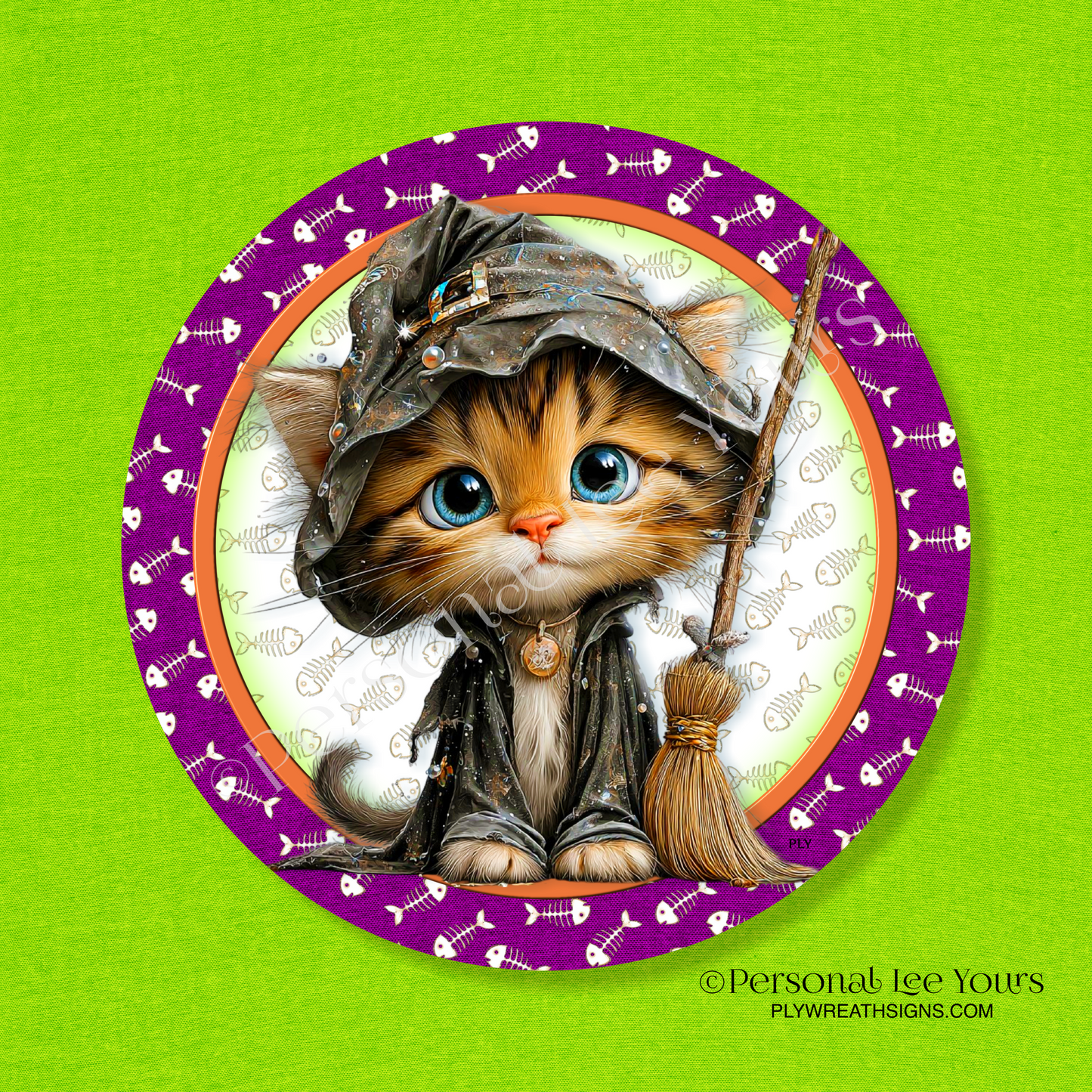 Wreath Sign * Whimsical Halloween Kitten  * Round * Lightweight Metal