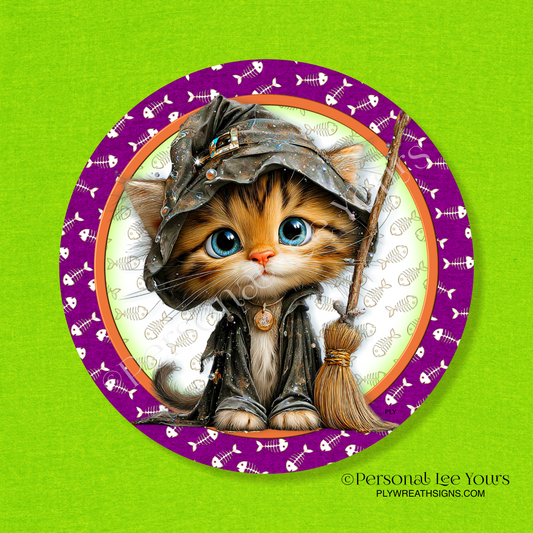 Wreath Sign * Whimsical Halloween Kitten  * Round * Lightweight Metal