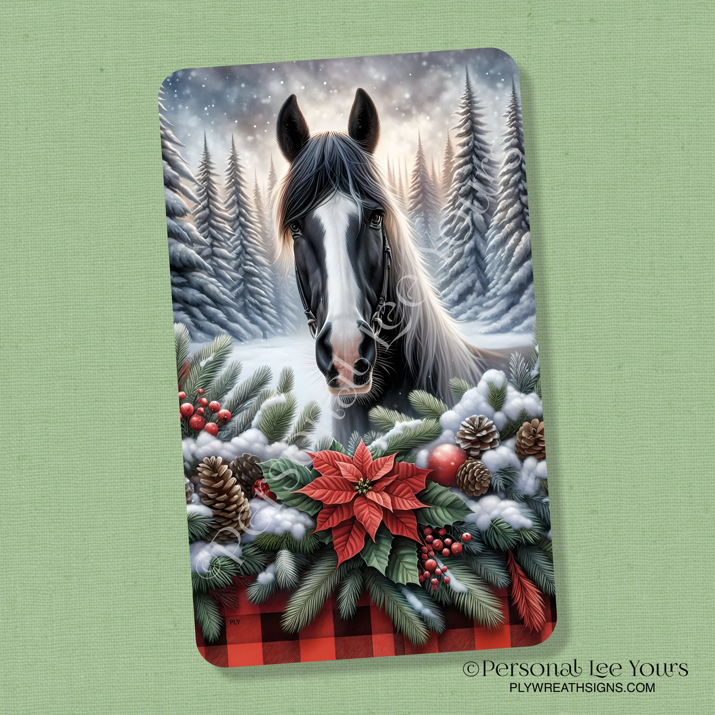 Wreath Sign * Winter Beauty, Horse * Vertical * 3 Sizes * Lightweight Metal