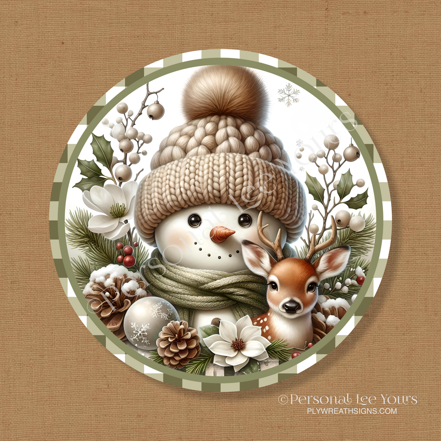 Wreath Sign * Winter Friends Snowman and Deer * Round * Lightweight Metal