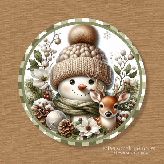 Wreath Sign * Winter Friends Snowman and Deer * Round * Lightweight Metal