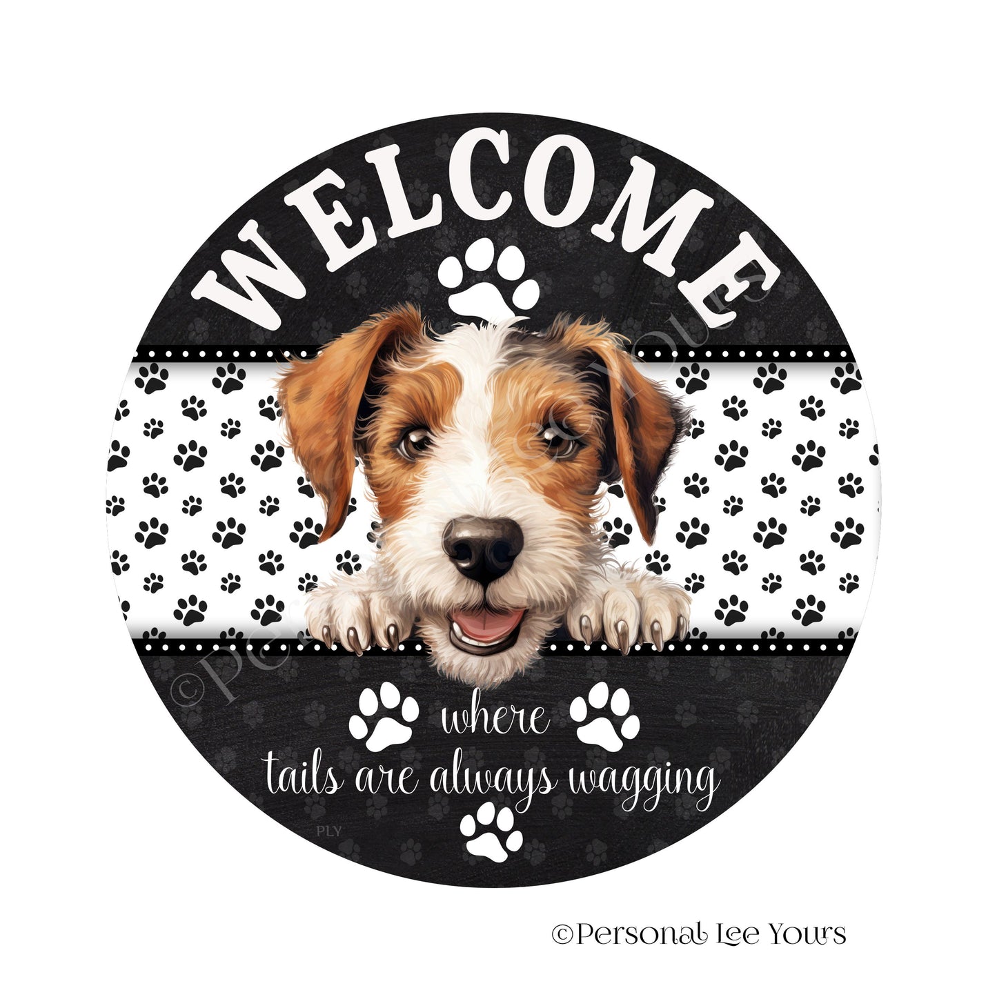 Peeking Pups Wreath Sign * Wire Fox Terrier * Round * Lightweight Metal