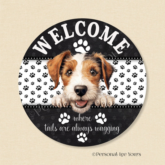 Peeking Pups Wreath Sign * Wire Fox Terrier * Round * Lightweight Metal