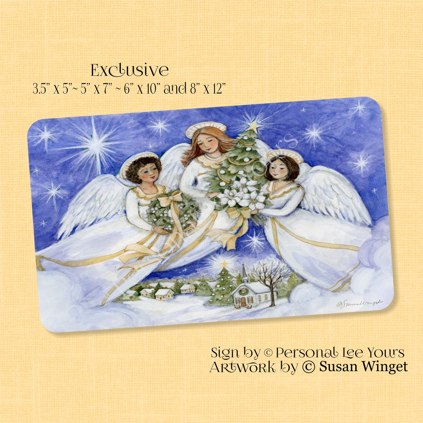 Susan Winget Exclusive Sign * Angel Trio ~ Christmas * Horizontal * 4 Sizes * Lightweight Metal