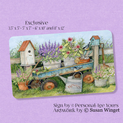 Susan Winget Exclusive Sign * Blue Wagon In The Garden * Horizontal * 4 Sizes * Lightweight Metal