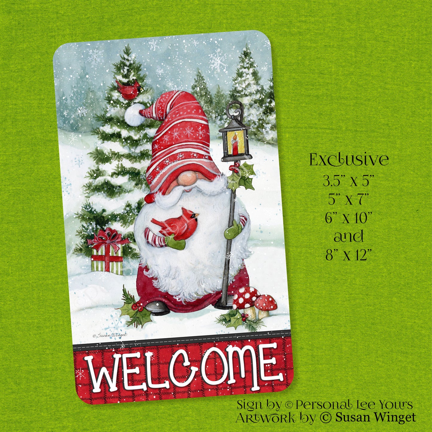 Susan Winget Exclusive Sign * Christmas Gnome Welcome * Vertical * 4 Sizes * Lightweight Metal