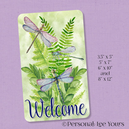 Wreath Sign * Lucky Dragonflies Welcome  * 4 Sizes * Vertical * Lightweight Metal