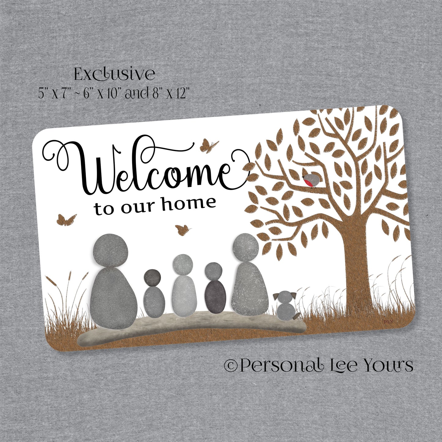 Welcome To Our Home Wreath Sign * Pebble Family of 5 with Dog * Horizontal * 3 Sizes * Lightweight Metal