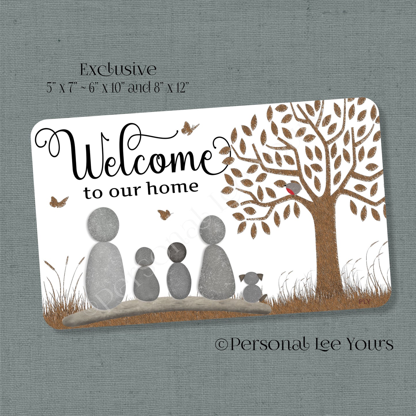 Welcome To Our Home Wreath Sign * Pebble Family of 4 with Dog * Horizontal * 3 Sizes * Lightweight Metal