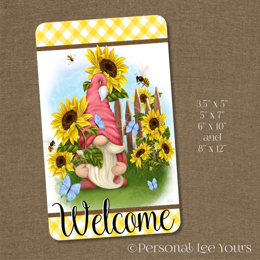 Wreath Sign * Welcome Sunflower Gnome * Vertical * 4 Sizes * Lightweight Metal