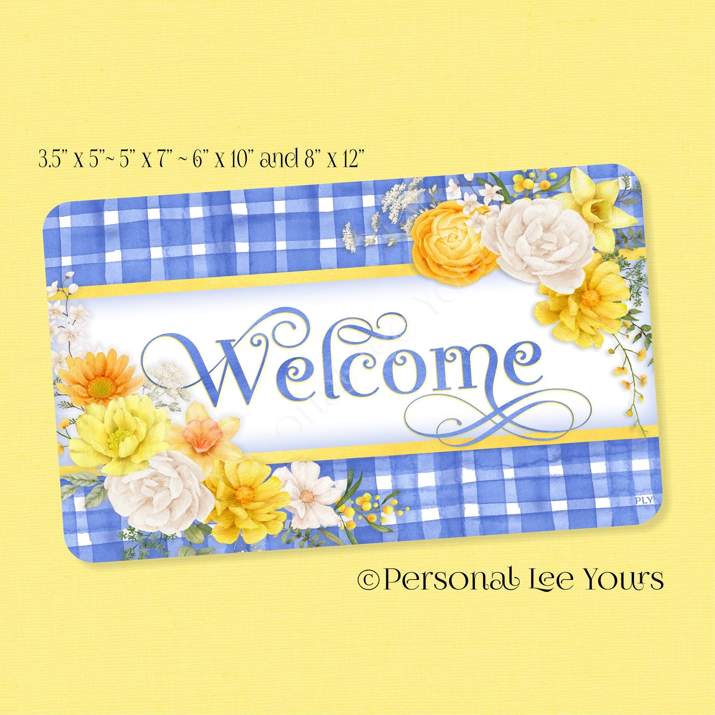 Wreath Sign * Yellow and Blue Welcome  * 4 Sizes * Horizontal * Lightweight Metal