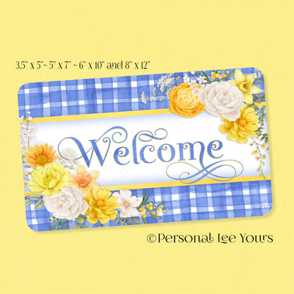 Wreath Sign * Yellow and Blue Welcome  * 4 Sizes * Horizontal * Lightweight Metal
